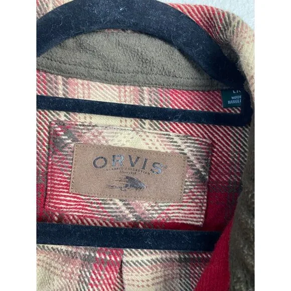 Orvis Heavyweight Flannel Shirt Jacket Red Plaid Shacket Men size Large Pockets - Picture 3 of 12